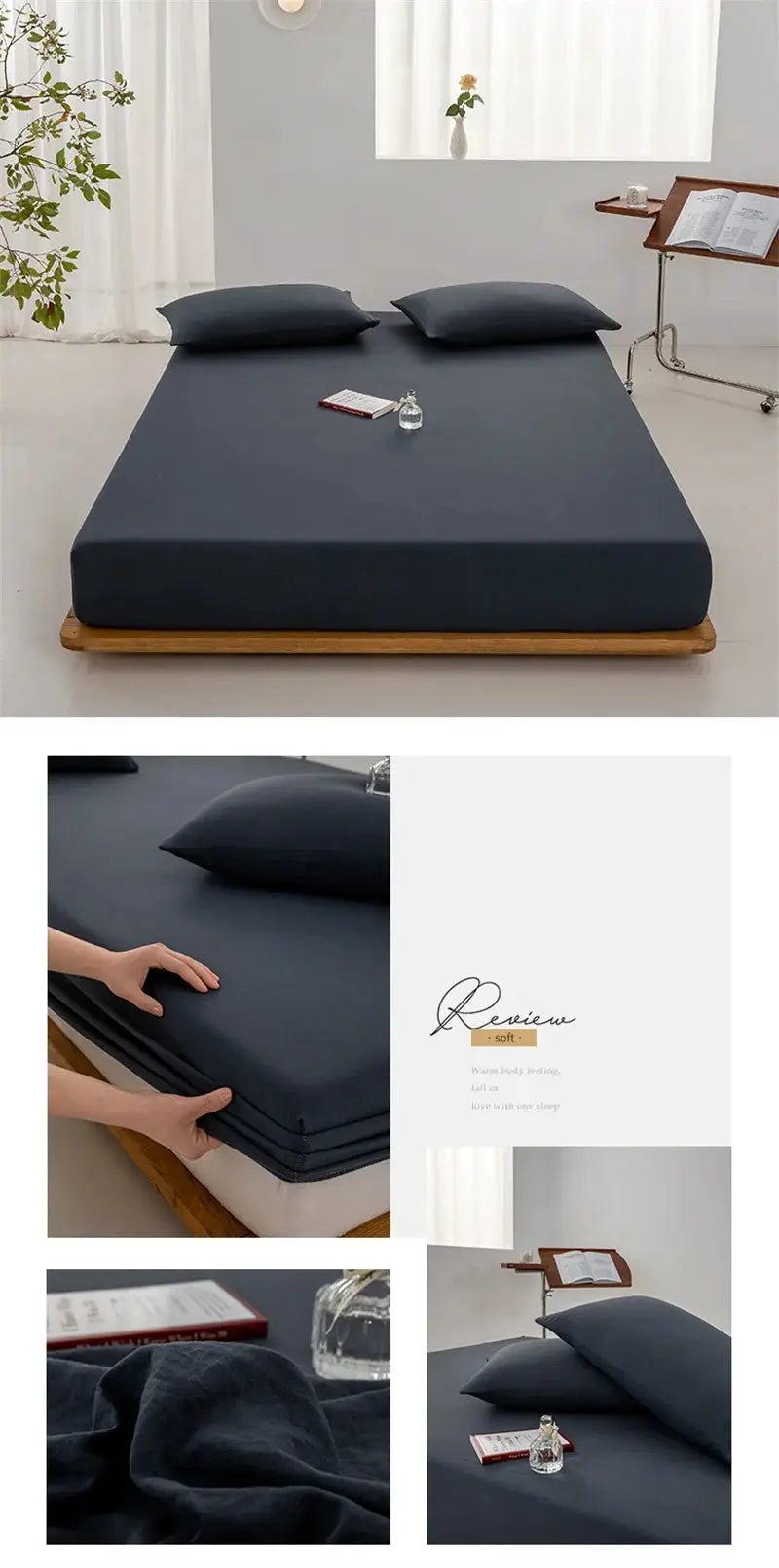 Simples Market navy soft cotton fitted sheet for queen/king beds with elastic edges; two pillows visible
