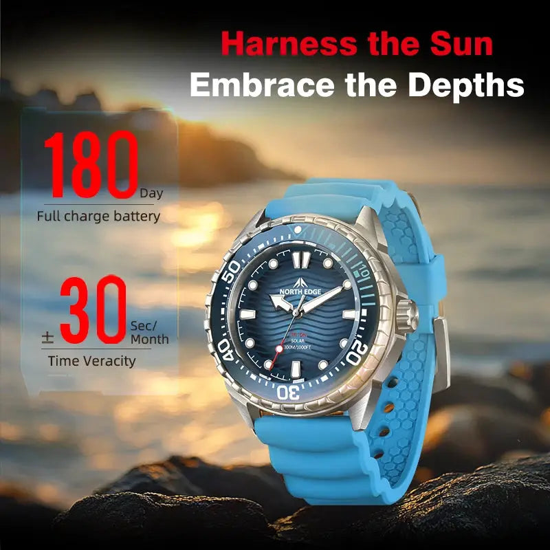 North Edge Triton-Ti solar-powered diving watch with titanium stainless case and blue strap, 300M water resistance.