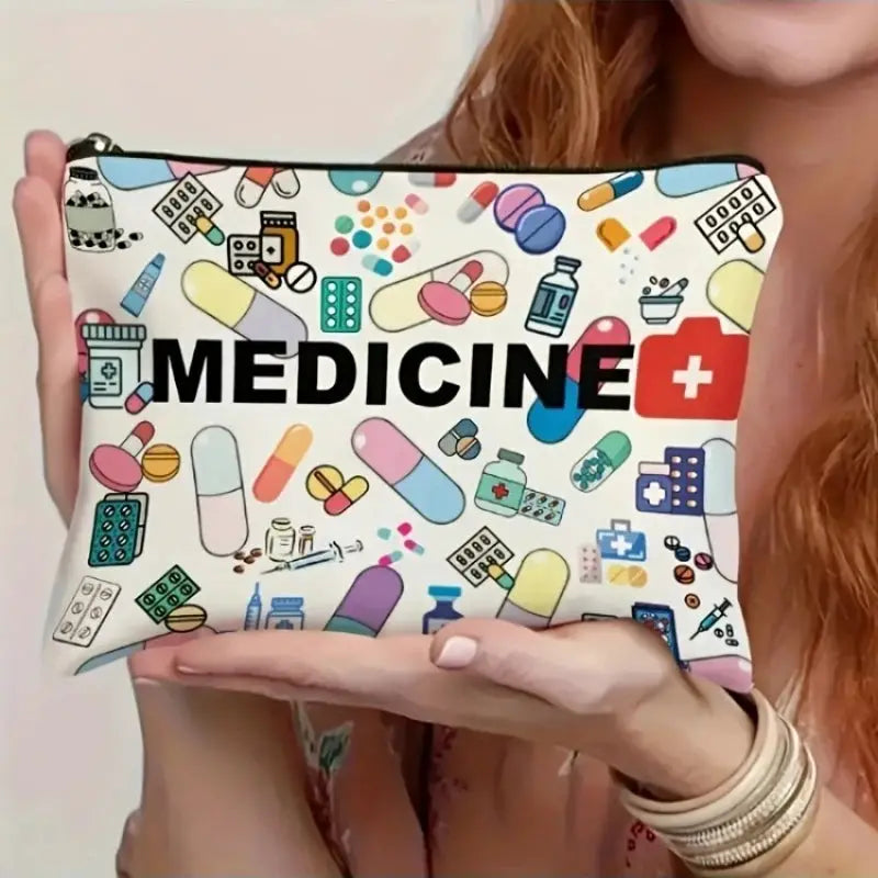 MedCare Essentials Medicine Themed Cosmetic Travel Bag Foldable Zippered Makeup Organizer For Healthcare Professionals
