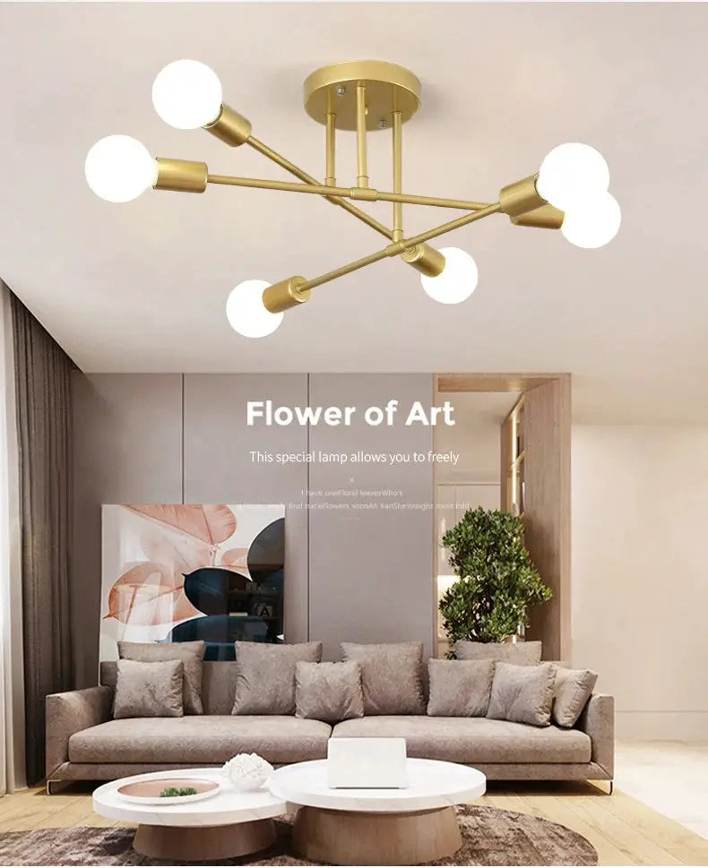 Six-head LED ceiling lamp in gold-finish metal with retro industrial style for living room.