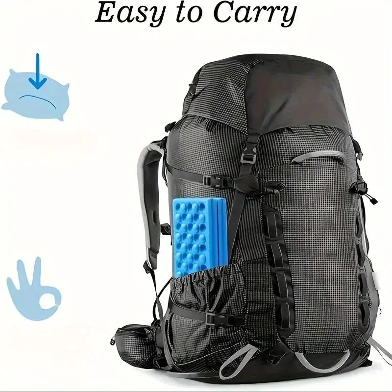 Honeycomb Massage Mat 6-Fold XPE Cushion, blue foldable pad strapped to a black hiking backpack