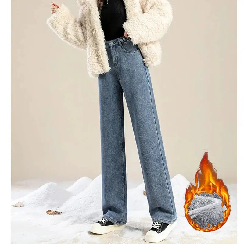 Winter Plush Thermal High Waist Jeans For Women Fleece Lined Pants