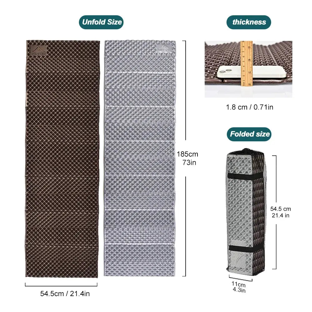 Ultralight egg-nest camping pad by Simples Market; brown/gray foam mats with storage bag, 2 mats, 185 cm long.