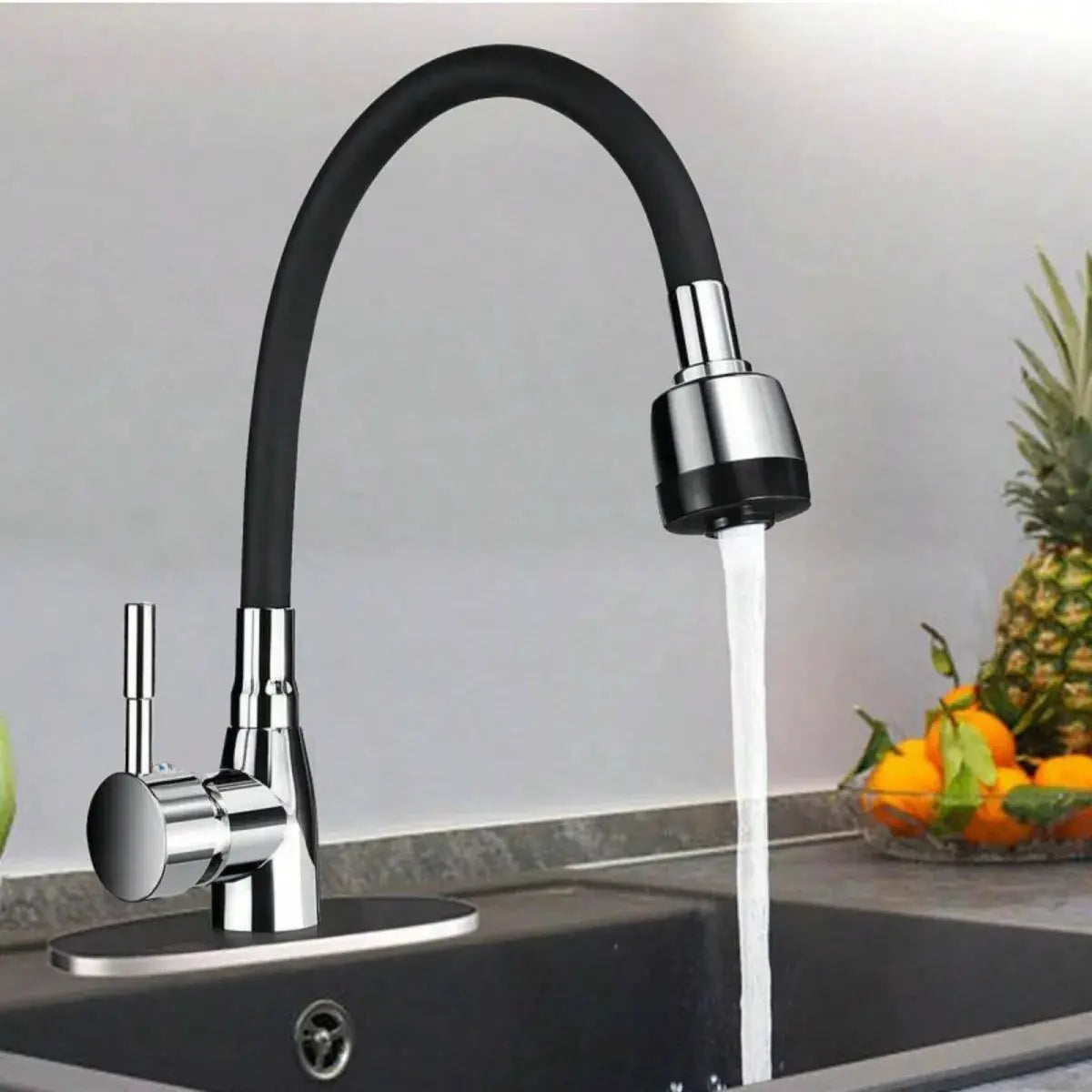 Modern 304 stainless kitchen faucet with black silicone hose, adjustable head and ceramic valve core — Simples Market
