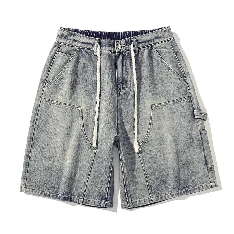 Men's denim shorts in washed blue with white drawstrings, cargo pockets, relaxed fit.