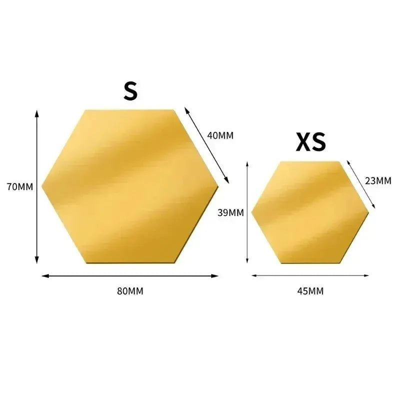 Gold hexagon acrylic mirror wall tiles, 5pcs, removable adhesive for DIY decor; large 80mm and small 45mm hexes.