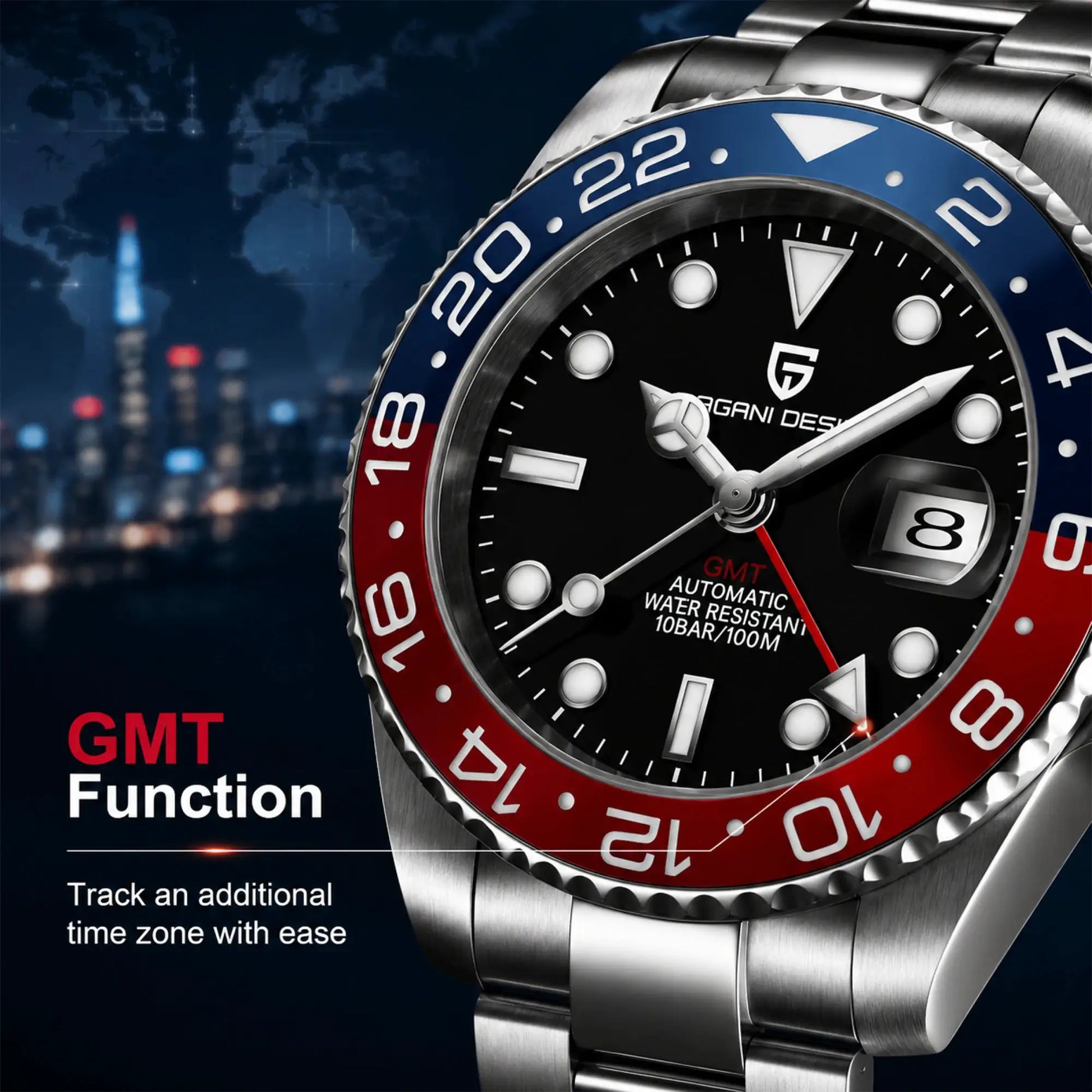 Pagani Design GMT men's stainless steel watch with blue and red bezel and sapphire glass