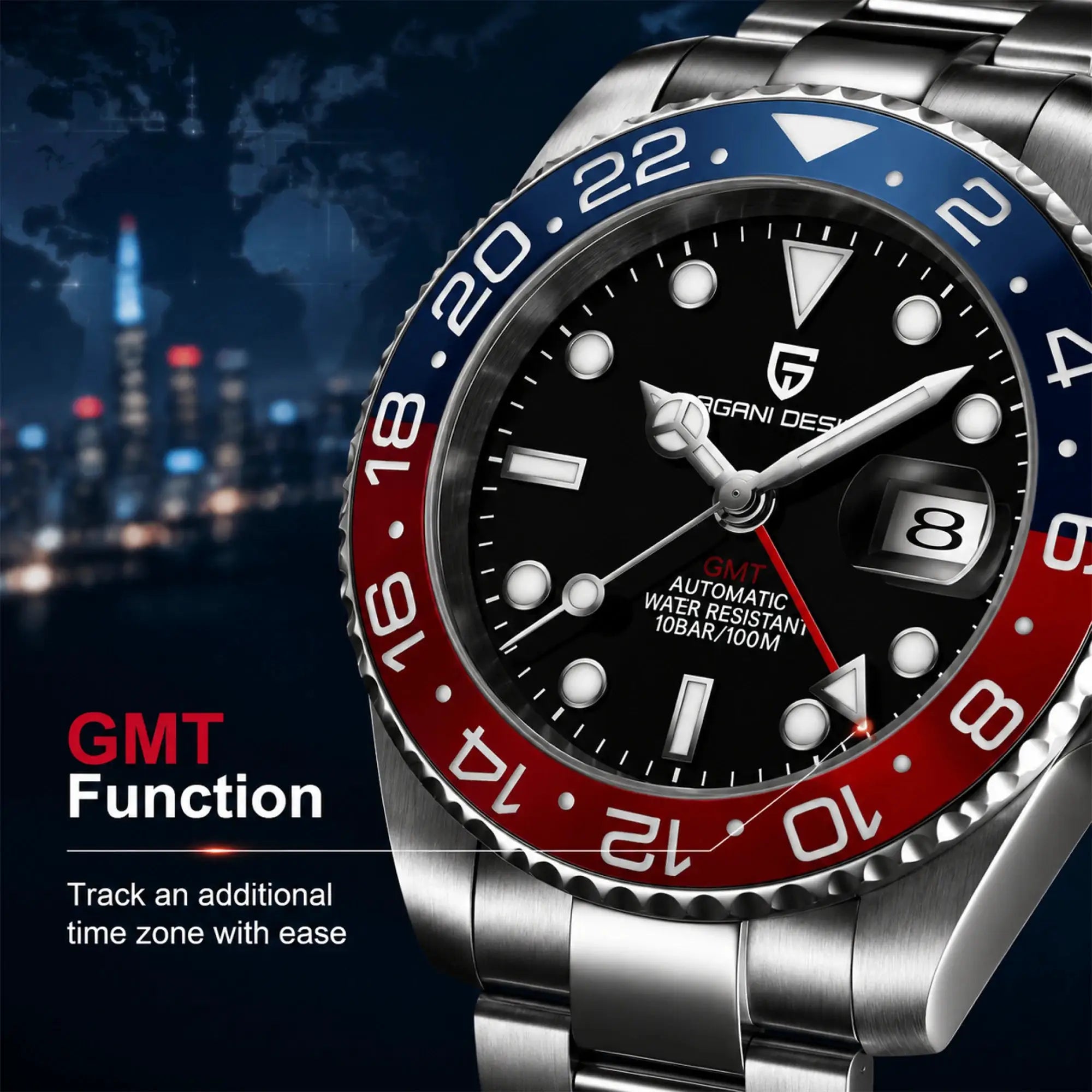 Pagani Design GMT men's stainless steel watch with blue and red bezel and sapphire glass