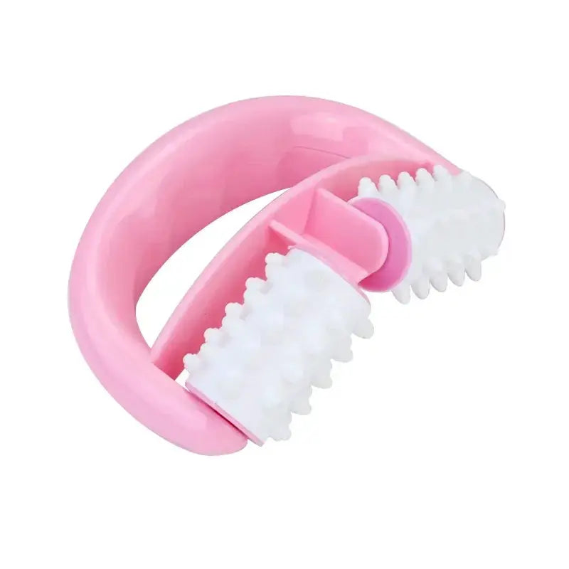 Pink handheld anti-cellulite roller massager with white bristle rollers