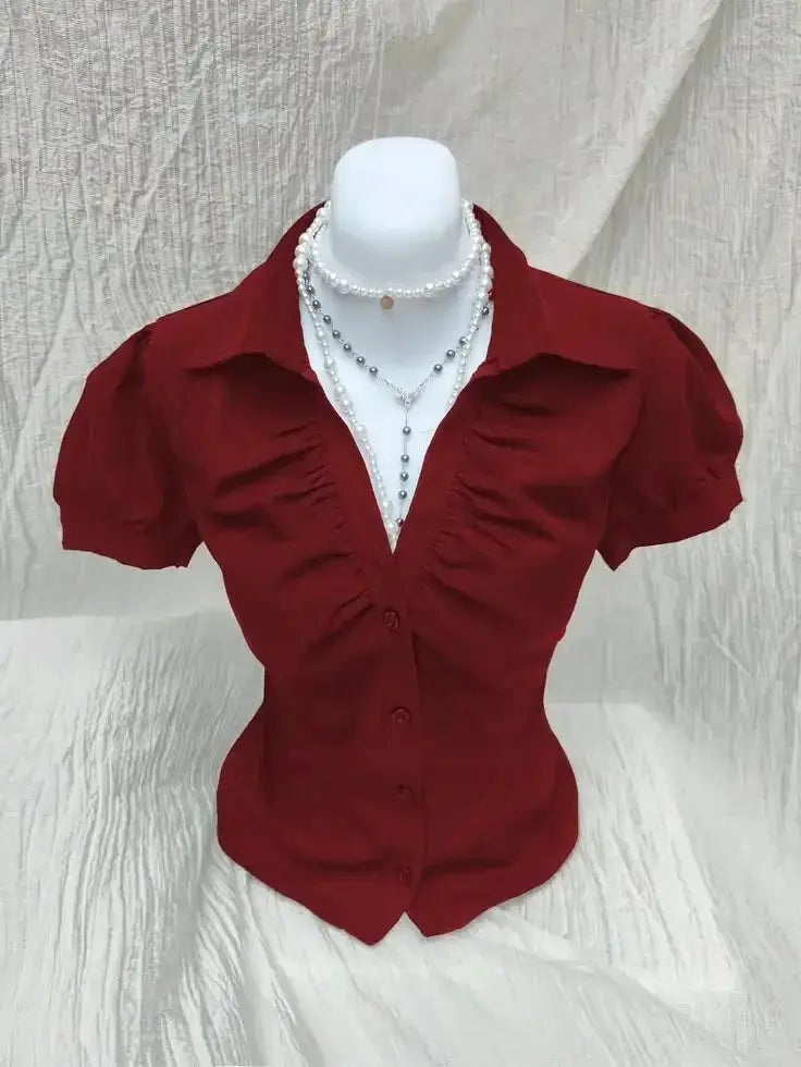 Red ruched V-neck puff-sleeve blouse with button-down front, vintage Y2K women's top.