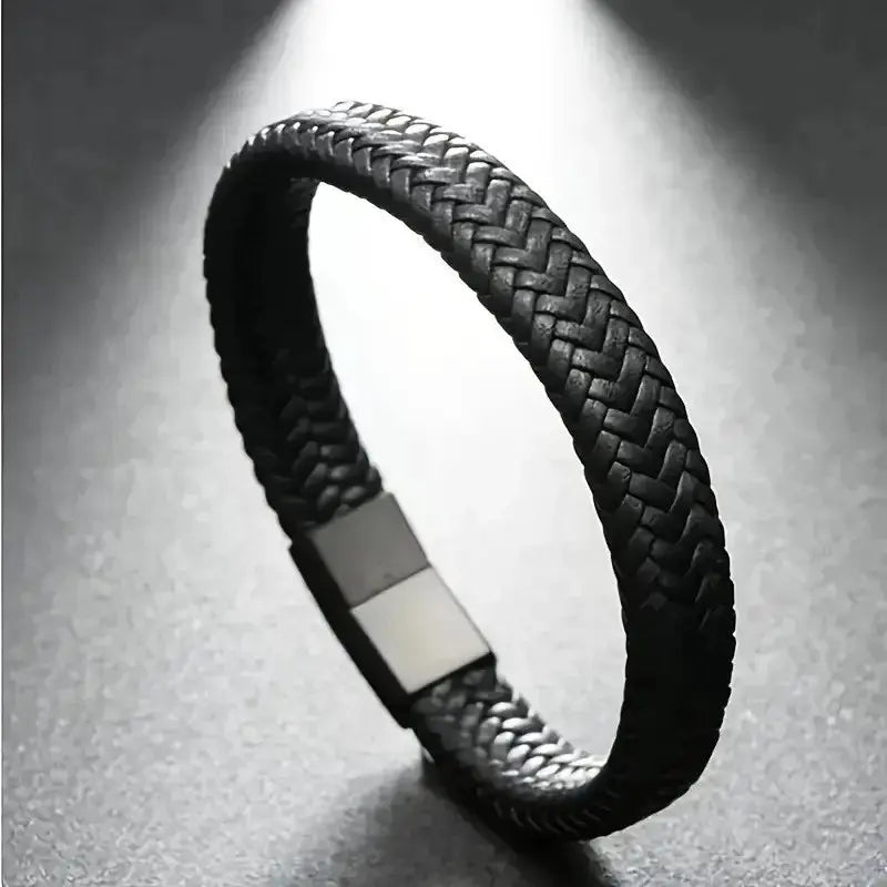 Black PU Leather Magnetic Bracelet For Men Elegant Mature Style Durable Zinc Alloy Charm Great Gift For Him