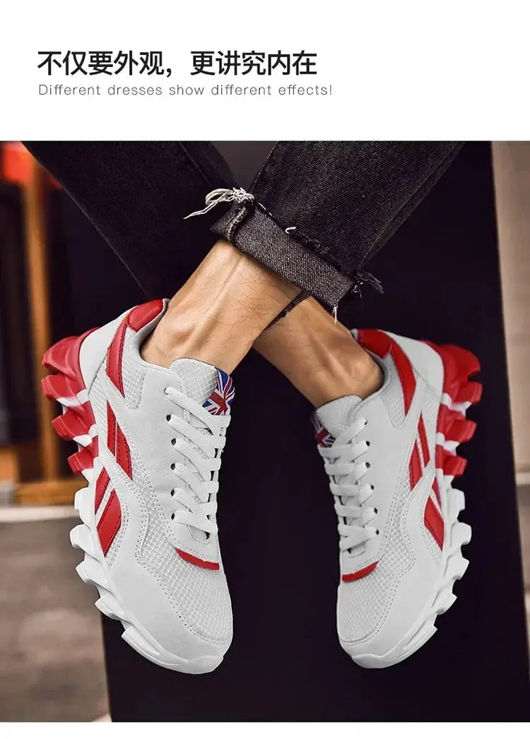 Simples Market men's fitness sneakers, white with red accents, pair, chunky outsole, breathable outdoor running shoes