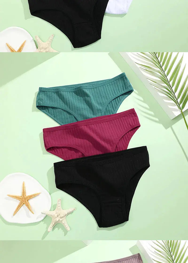 Women's cotton panties 4-pack with ribbed striped texture in teal, magenta, burgundy, and black