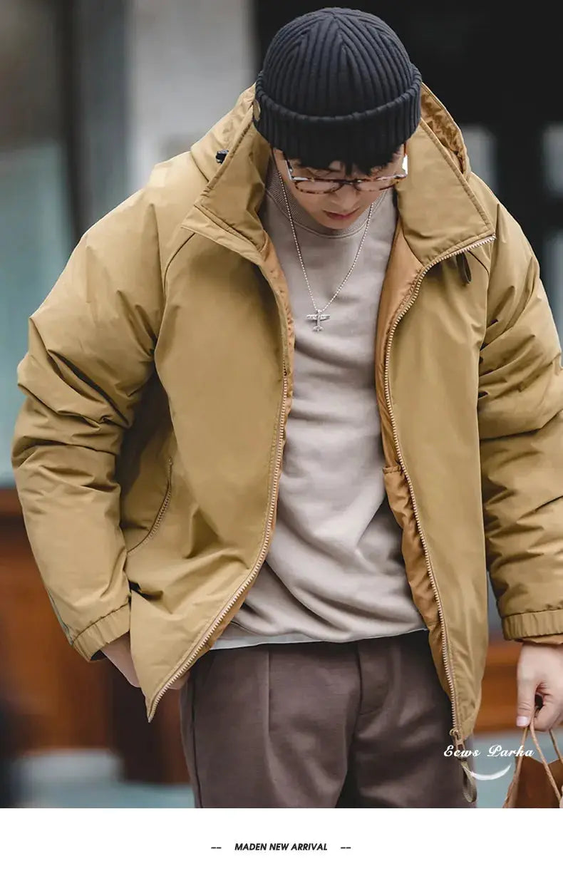 Maden hooded down jacket for men, tan padded parka with front zipper, Simples Market
