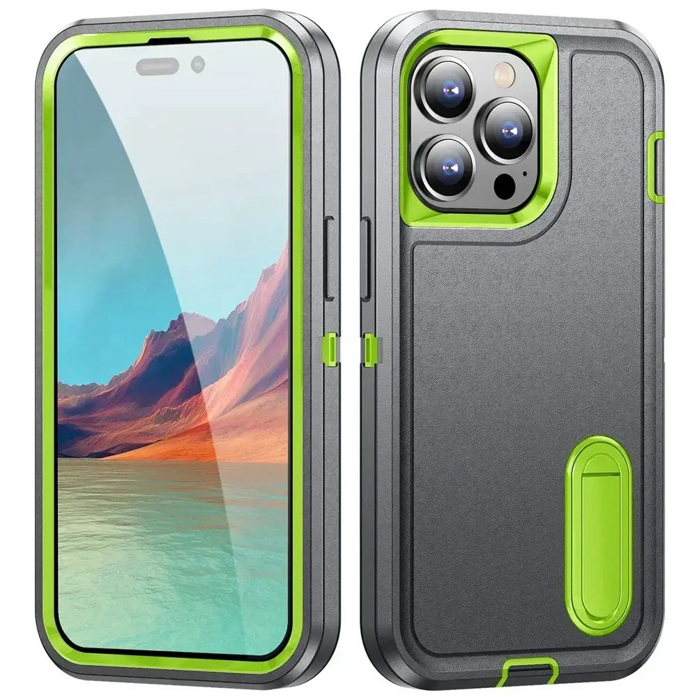 Simples Market rugged iPhone case with lime green bumper, kickstand, shockproof anti-scratch protection.