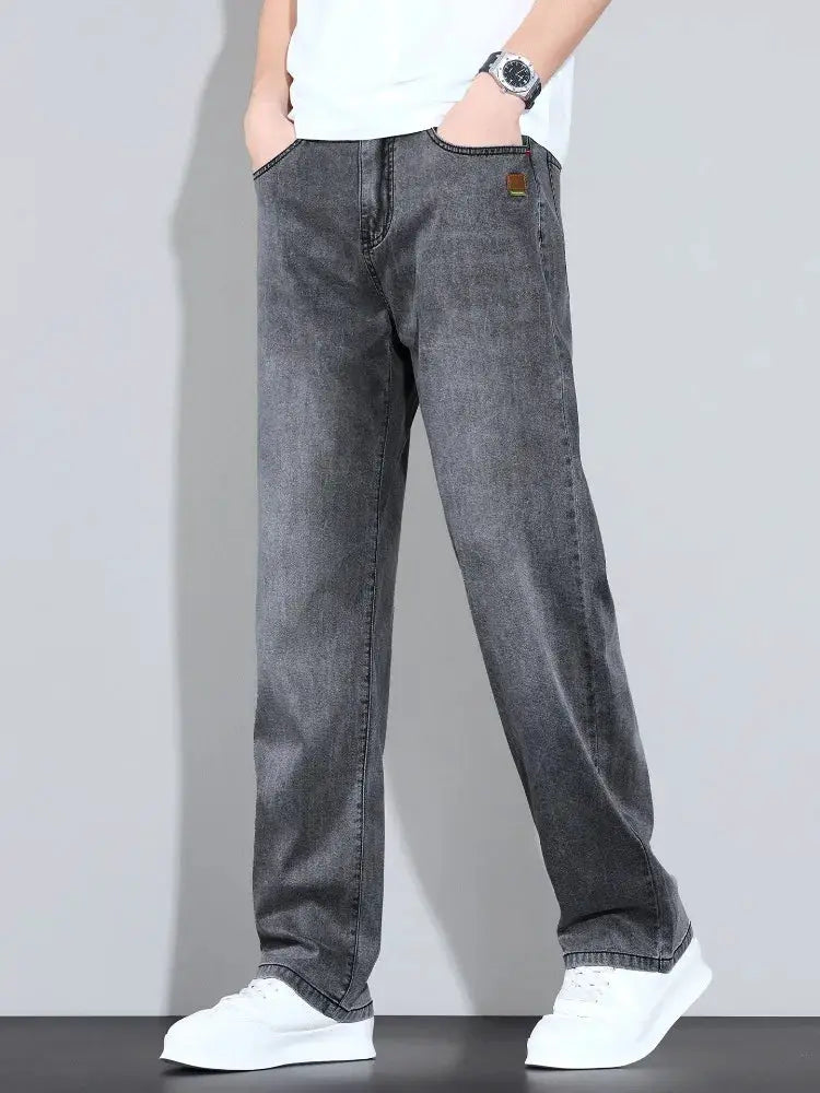 Simples Market Lyocell Ice Silk jeans, men's dark grey denim straight-leg trousers.