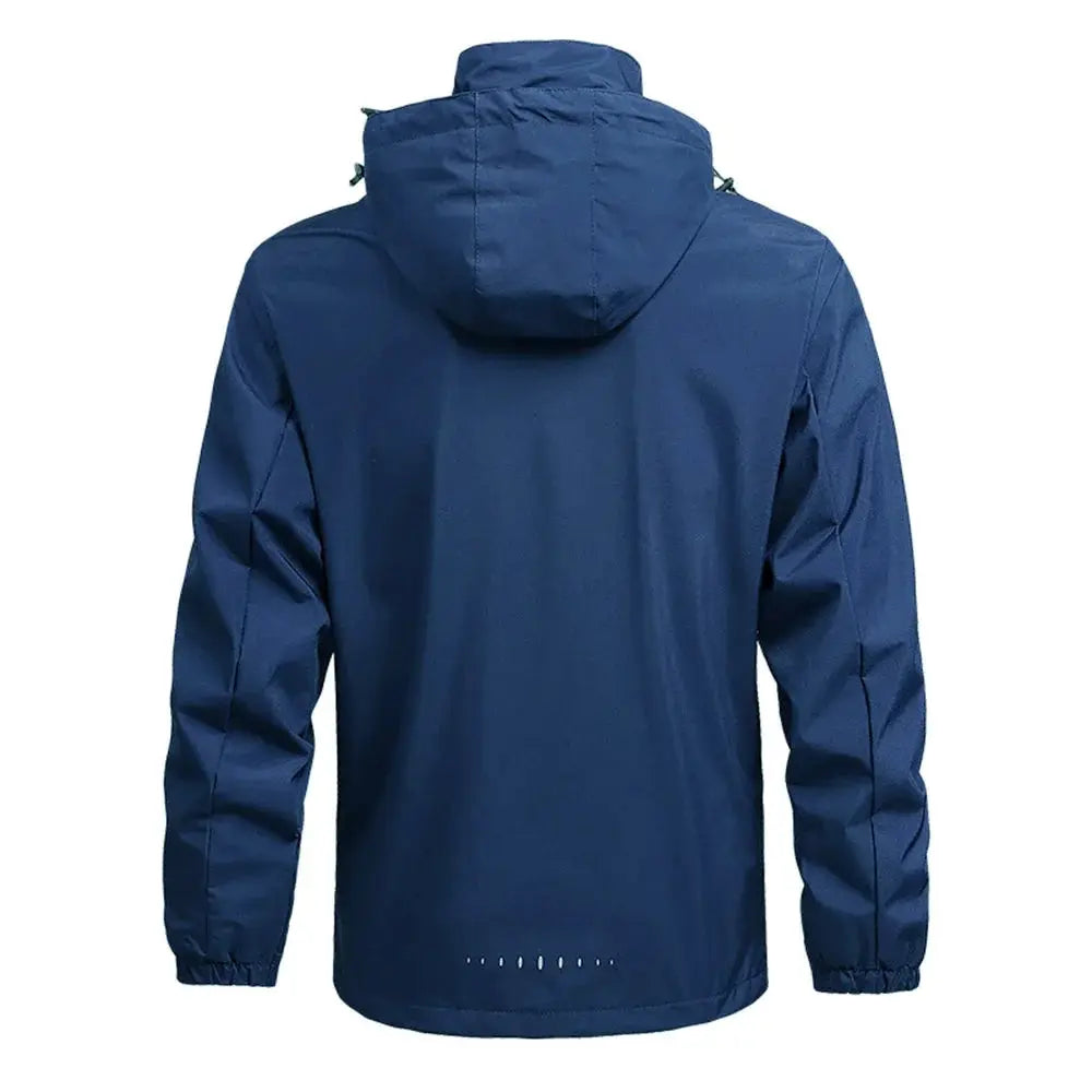 Men's blue waterproof hooded rain jacket, lightweight and windproof for outdoor hiking
