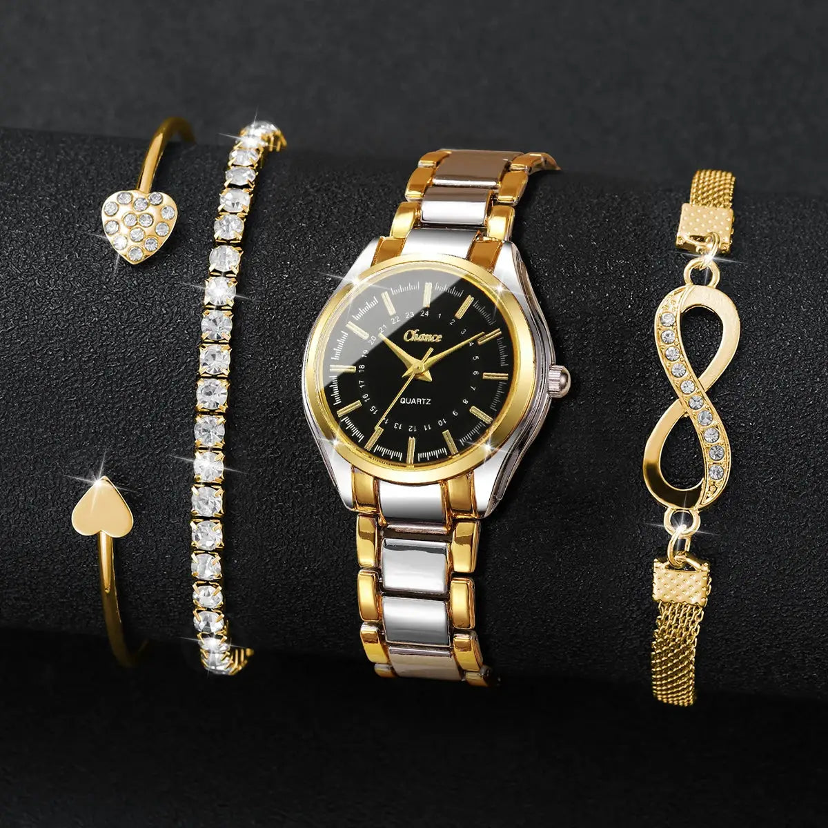 Simples Market 4-piece women's watch and bracelet set; gold and silver two-tone analog watch with black dial and crystal bracelets.