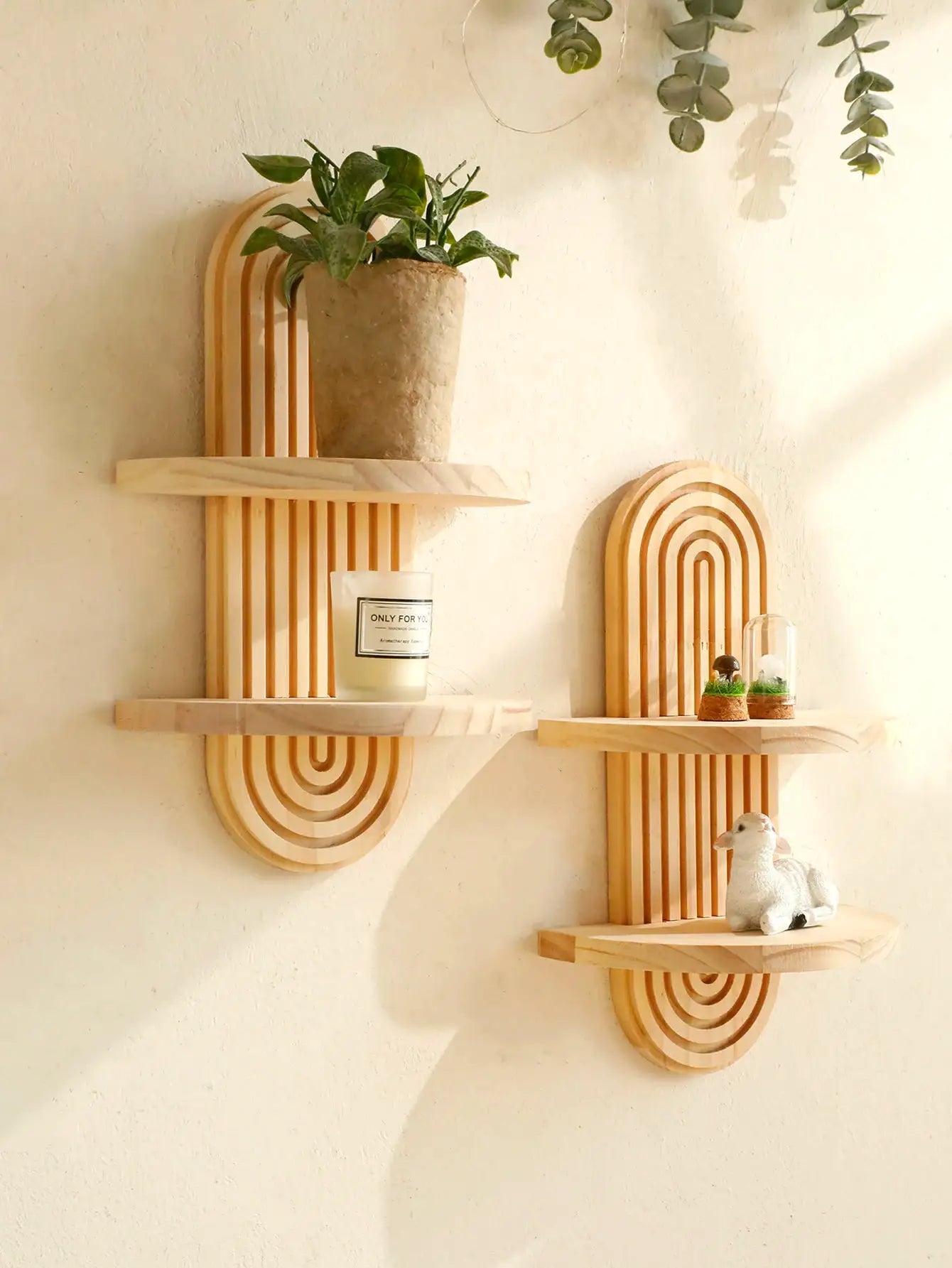 Boho wooden wall-mounted shelves with geometric arches in natural finish (set of 2)