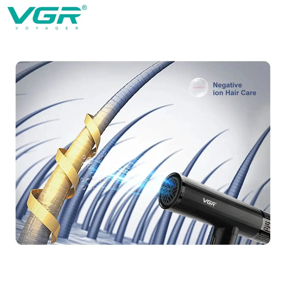 VGR hair dryer, black professional blower with brushless motor and negative ion care for salon use
