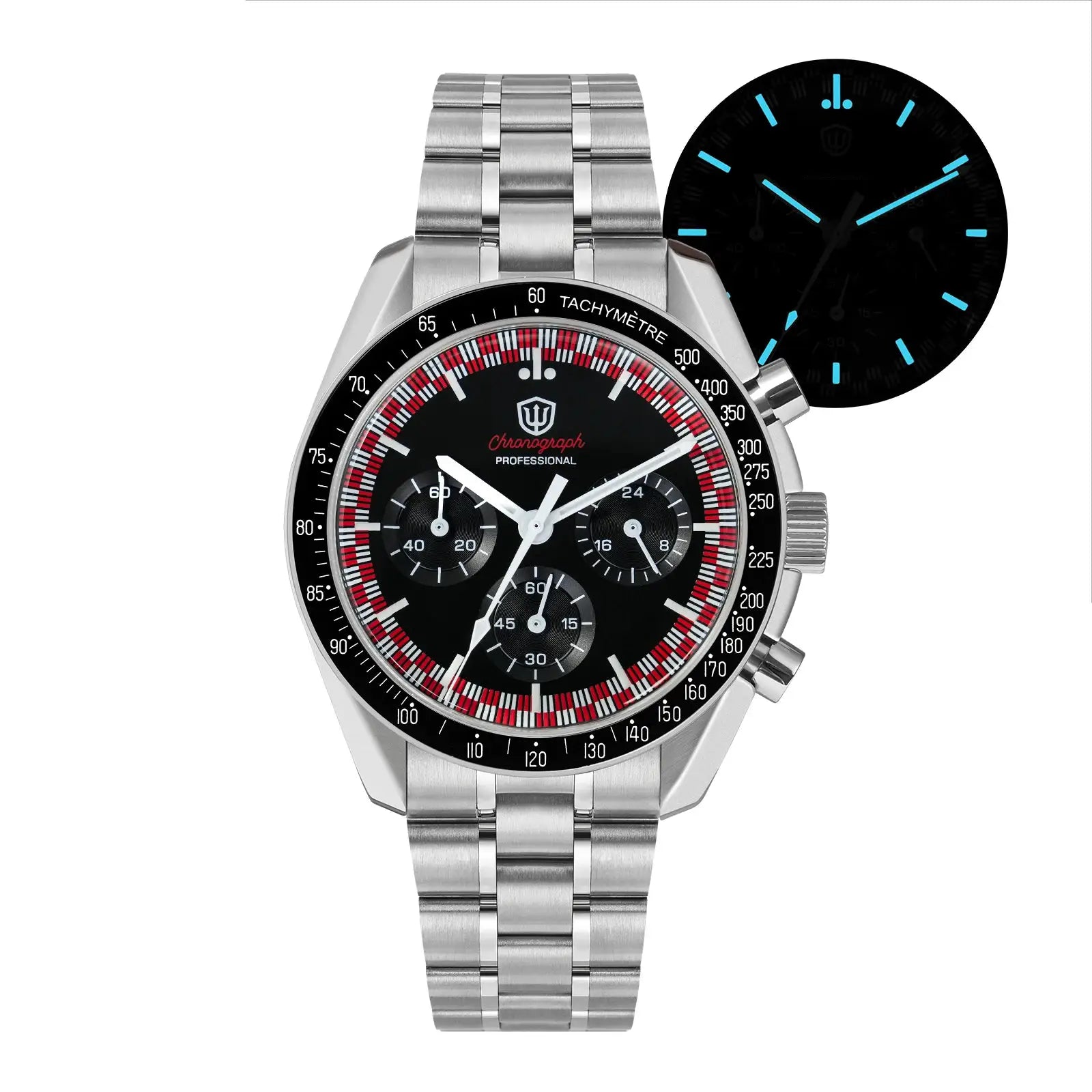 WD1863 chronograph watch with stainless steel bracelet, black dial and tachymeter bezel