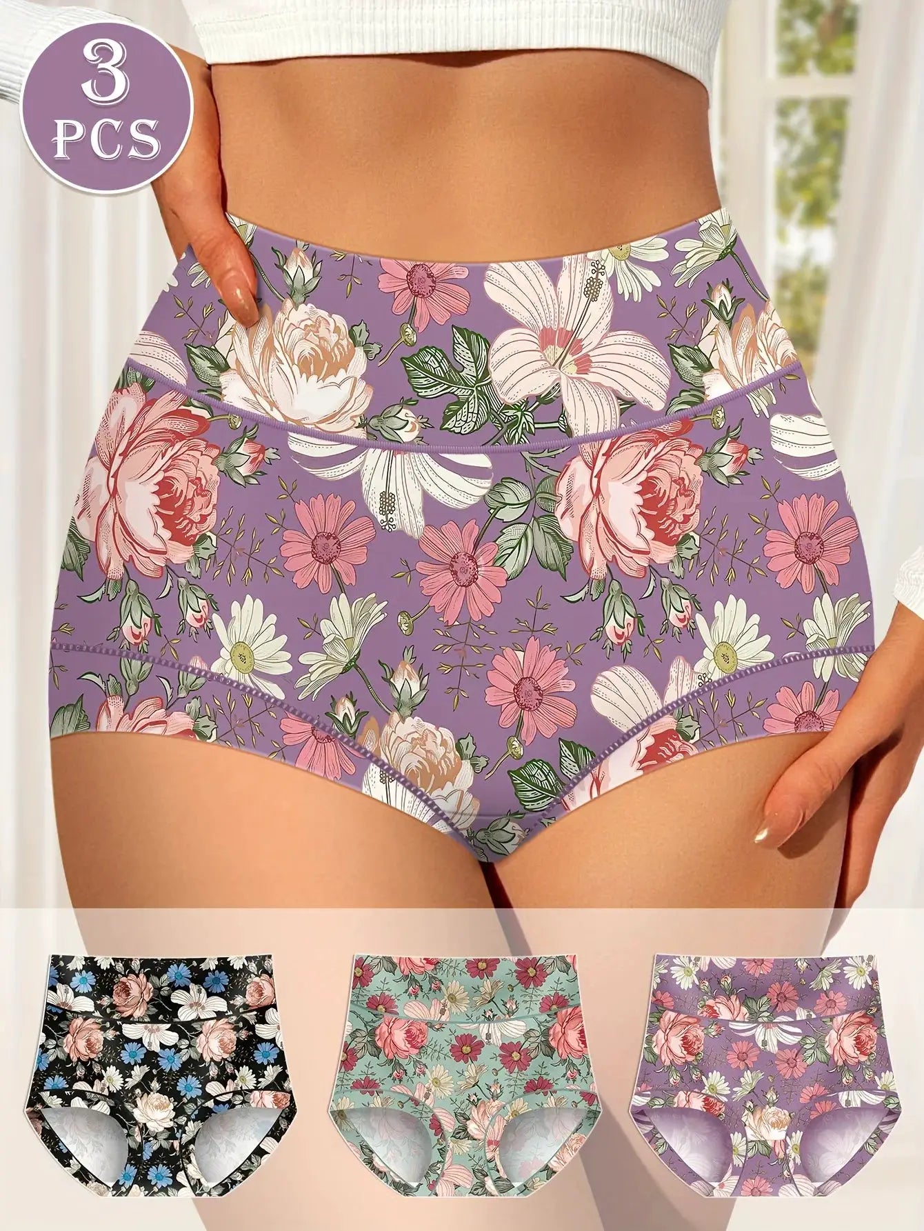 3-piece set of high-waisted floral-print panties on purple background with pink and white blooms.