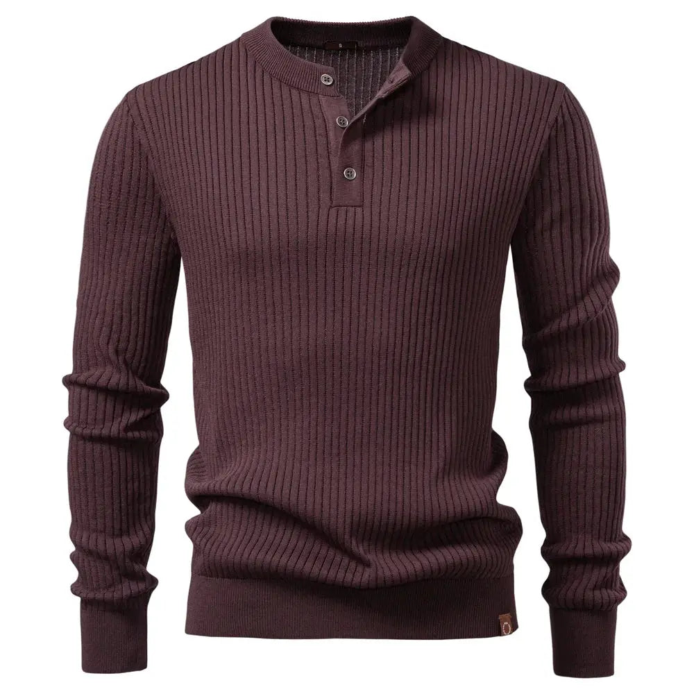 Men's burgundy ribbed knit polo shirt with button placket and long sleeves