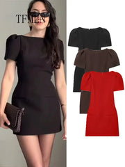 TFMLN Elegant Women Short Sleeve Mini Dress Slim Fit High Waist Solid