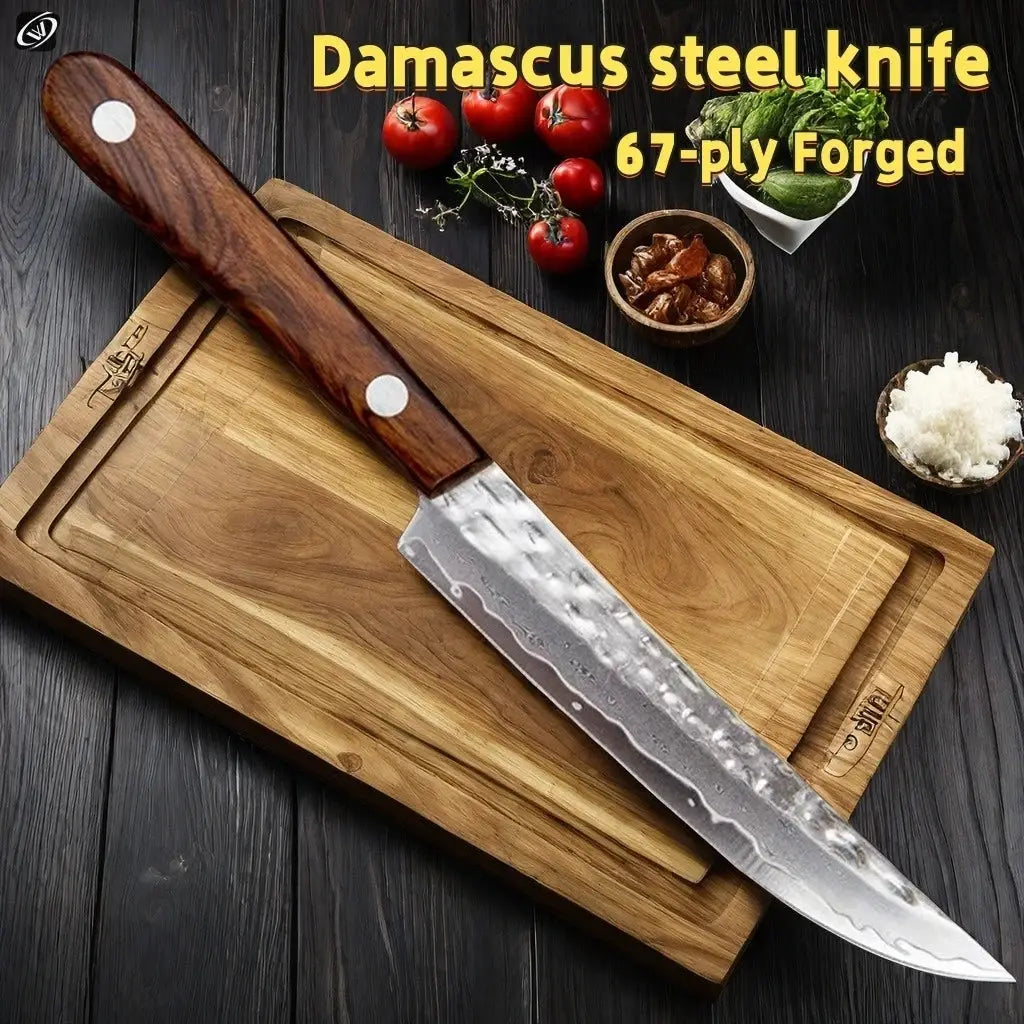 67 Ply Forged Damascus Steel Fruit Knife With Sharp Blade For Peeling And Boning Solid Wood Handle Kitchen Knife