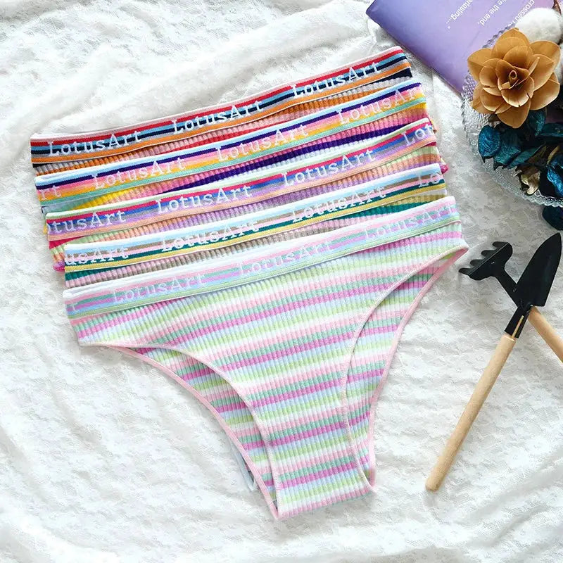 LotusArt cotton panties set, 3-pack of colorful striped low-rise briefs for women
