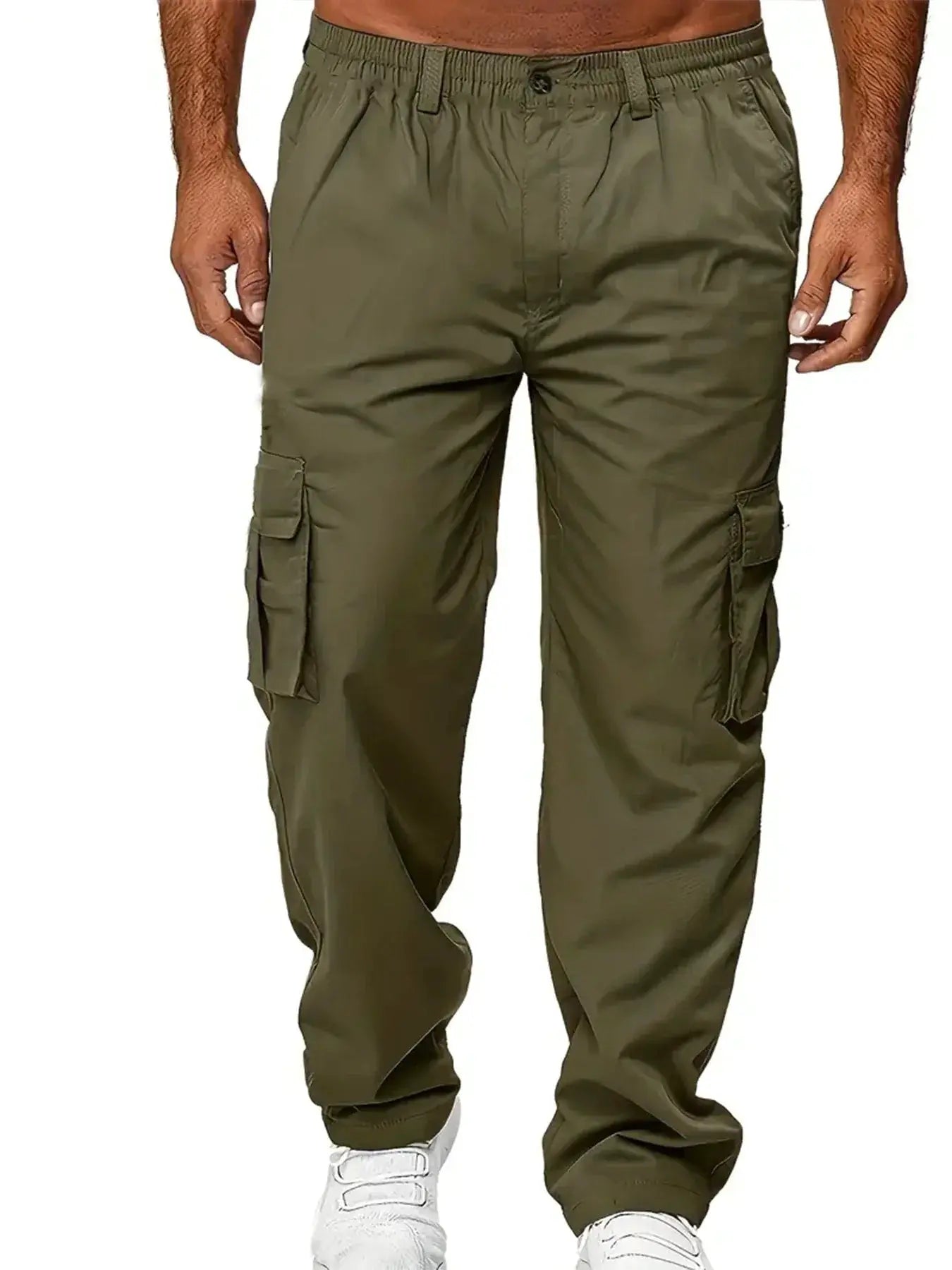 Men's olive cargo pants by Simples Market with multiple pockets for outdoor wear