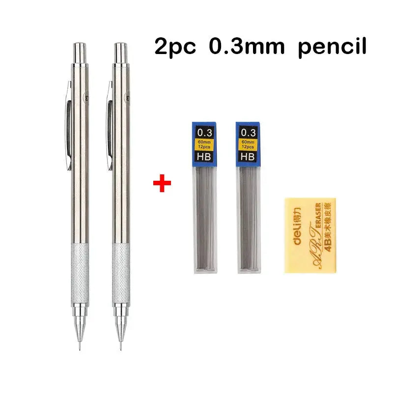 Two full-metal mechanical pencils with clips, plus 0.3mm lead packs and an eraser.