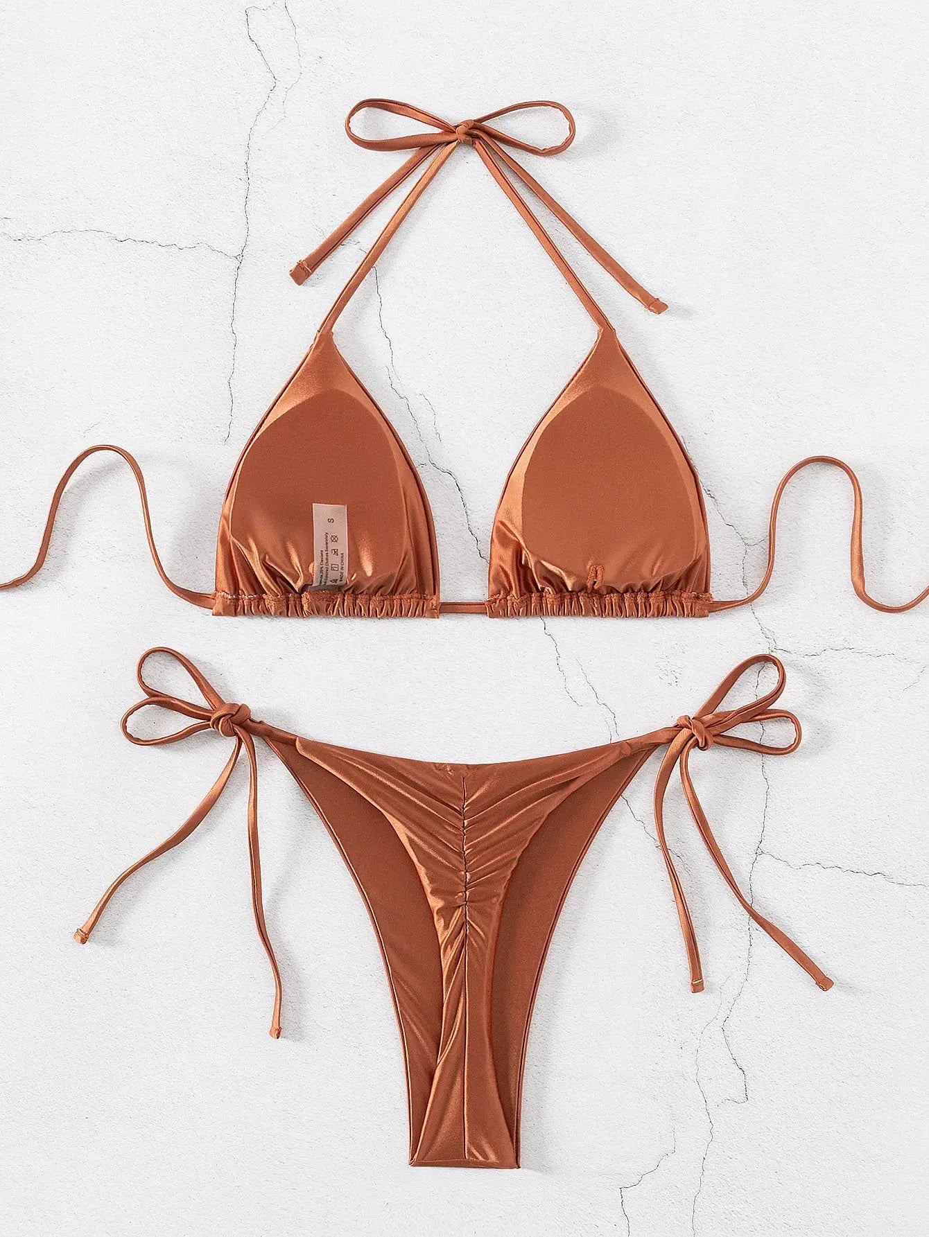 Triangle bikini set copper metallic with tie-side bottoms and halter top, Simples Market