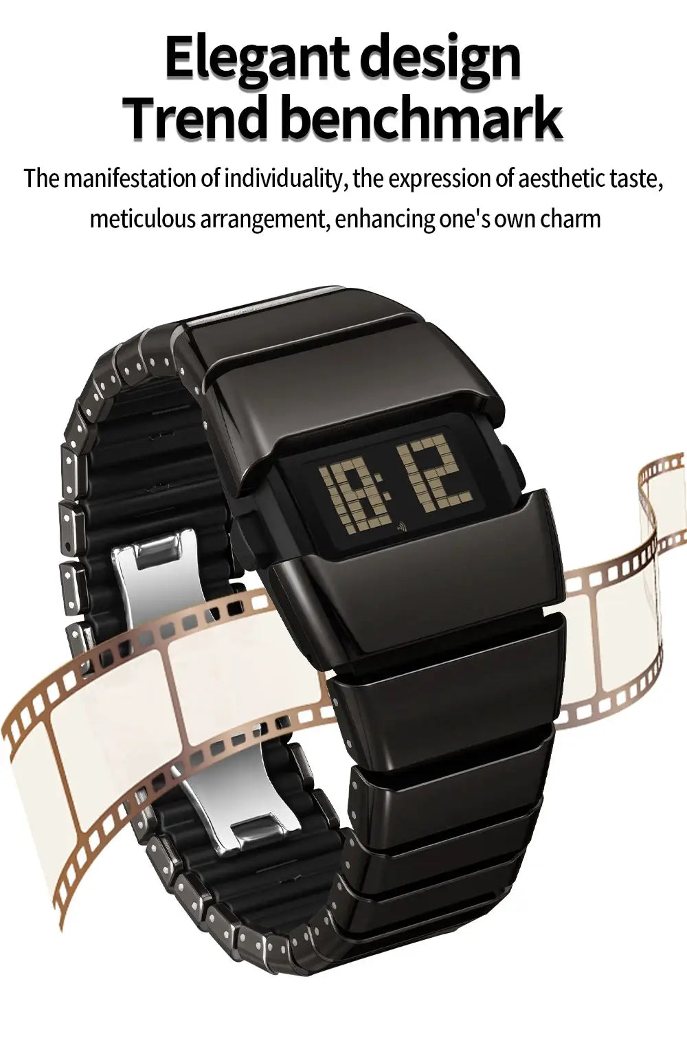 SANDA 9504 Y2K retro electronic watch, black metal bracelet, digital display, 5ATM water resistant