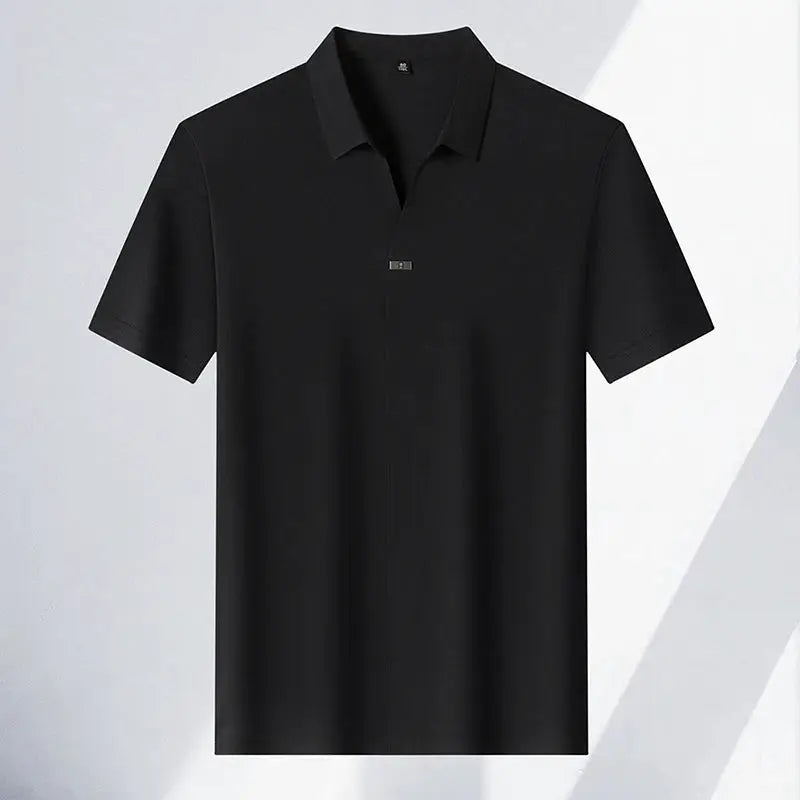 Men's polo shirt by Simples Market, black solid color, short-sleeve, casual summer top.