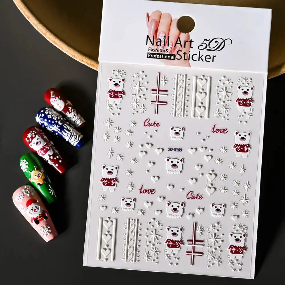 Winter Christmas nail sticker sheet with snowmen, snowflakes and bears; self-adhesive decorative nail art Simples Market
