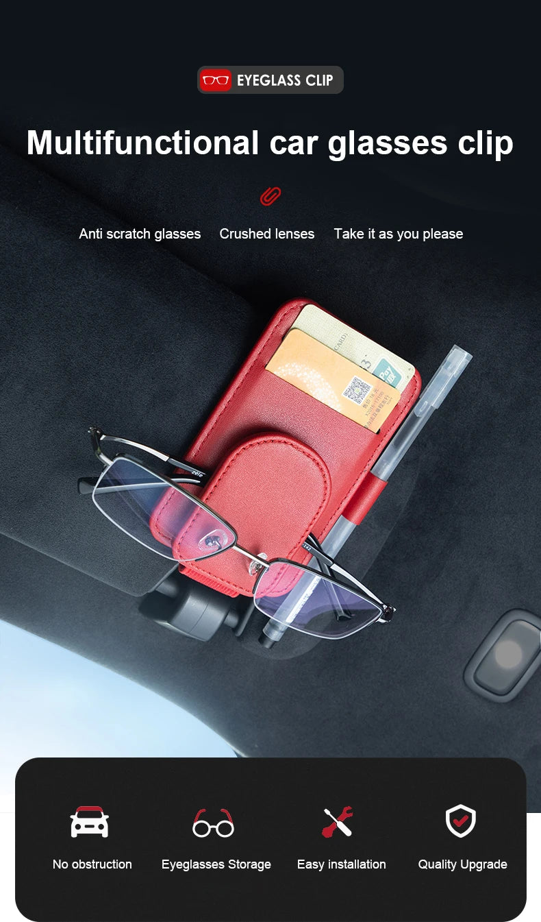 Red leather car sun visor sunglasses holder by Simples Market with magnetic clip and card and pen pockets