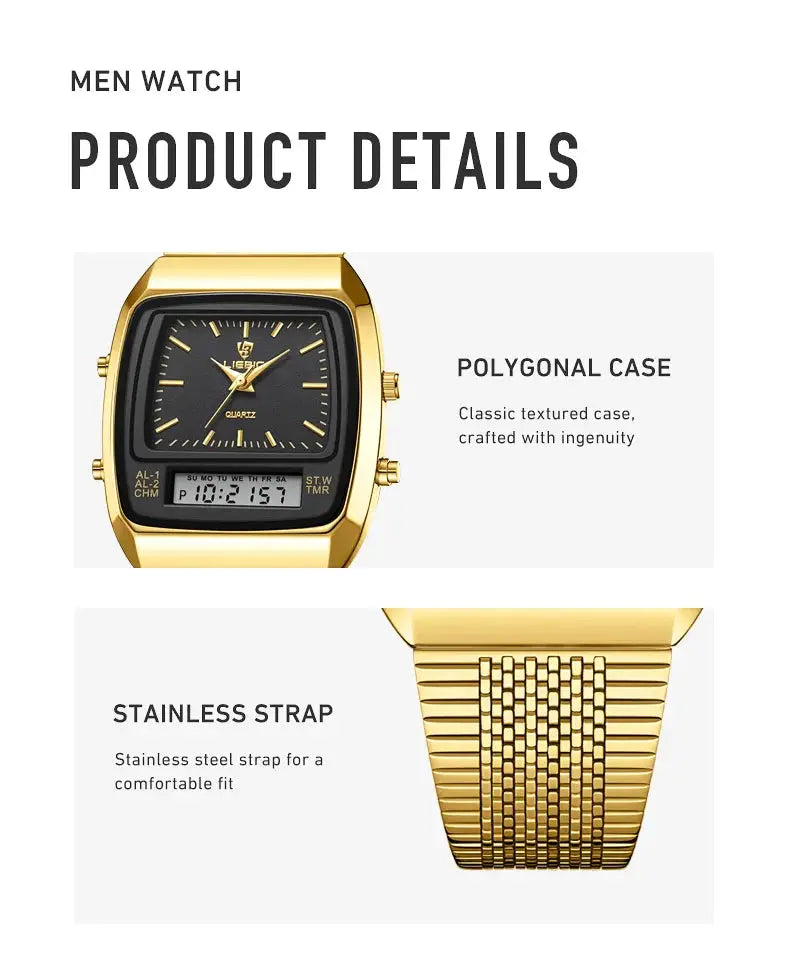Men's gold-toned watch with polygonal case and stainless steel strap, digital dual-time display