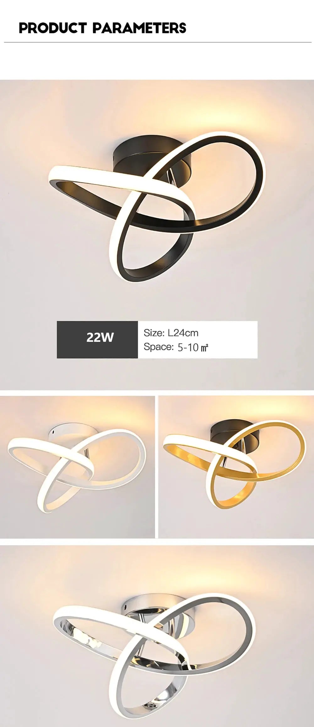 Modern LED knot ceiling light with interlaced white, black and gold loops; surface-mounted, 22W, 24cm.
