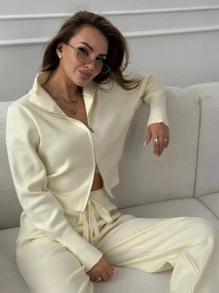 Bornladies Knit Zip Up Cropped Cardigan With Wide Leg Pants Set Women