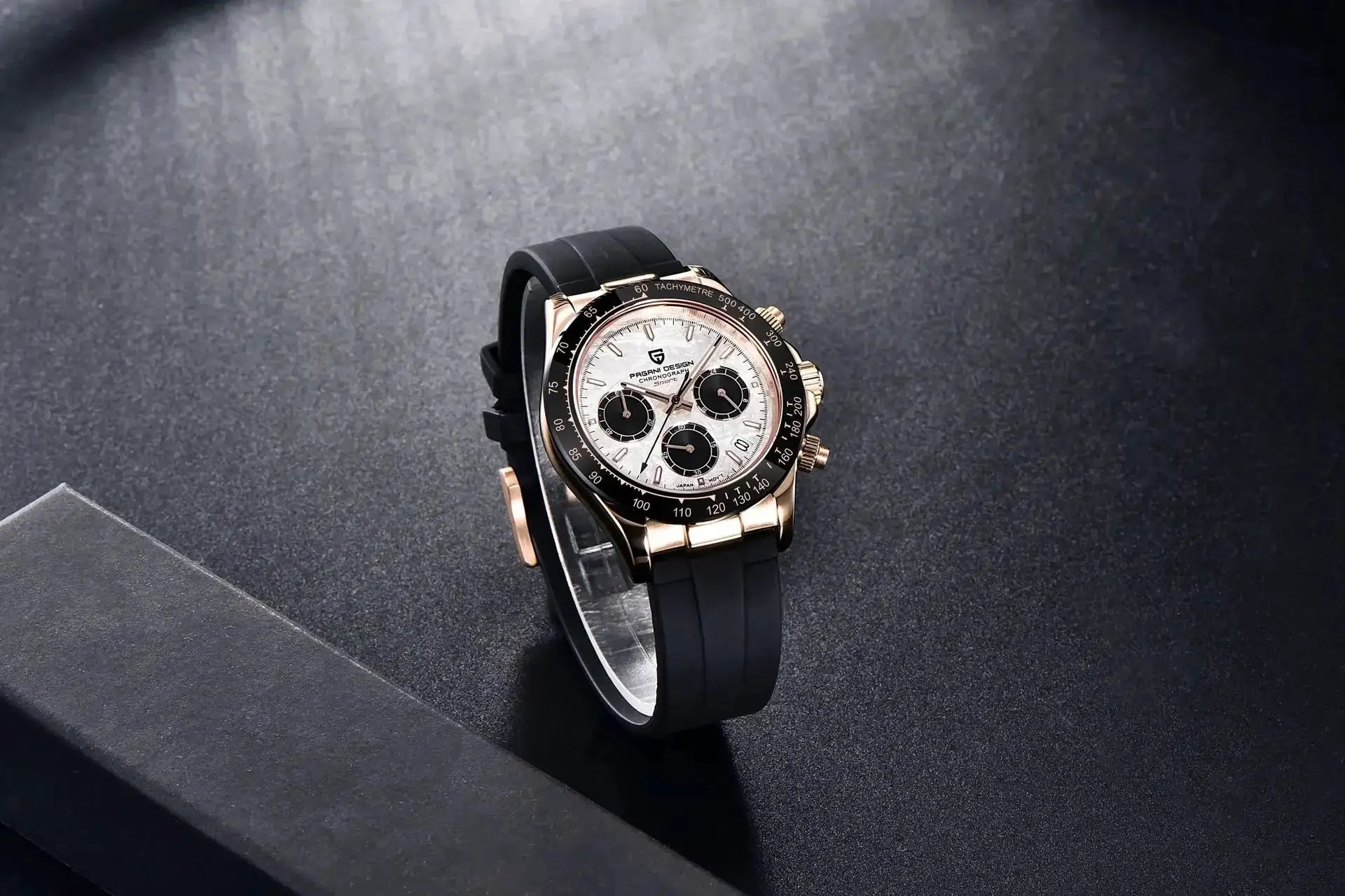 Pagani Design 40mm V2 chronograph watch for men; black rubber strap, rose-gold-tone case, white dial with subdials