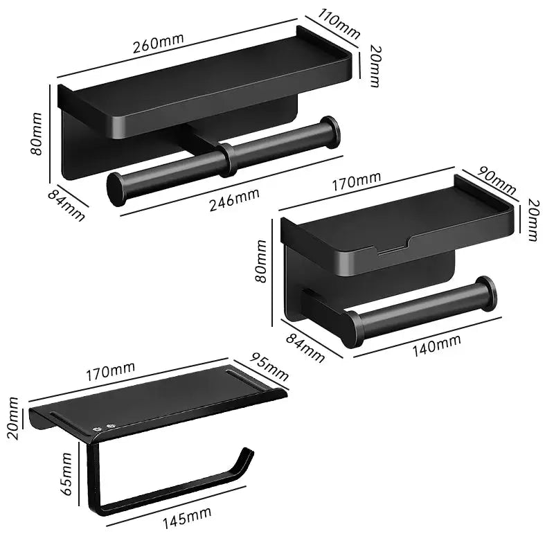 Aluminum alloy toilet paper holder with wall-mounted shelf and phone stand in black, Simples Market.