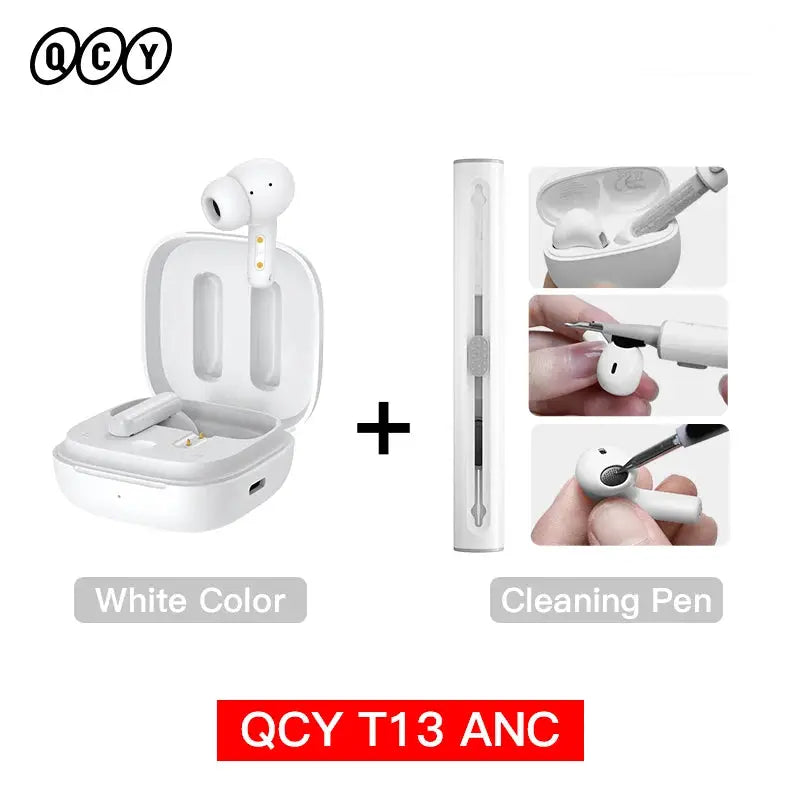 QCY T13 ANC wireless earphones in white charging case with cleaning pen (2 items)