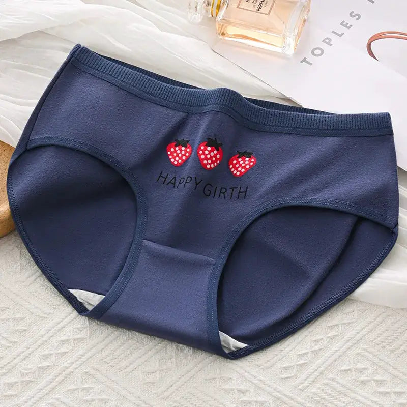 Women's navy blue cotton panties with three strawberry prints.