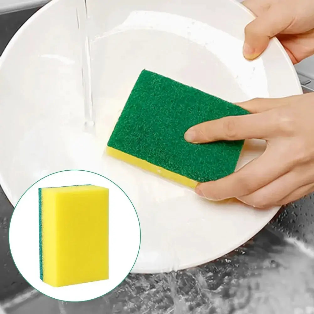 Double-sided kitchen scrub sponge pack by Simples Market, green scour pad with yellow sponge, 20-pack.