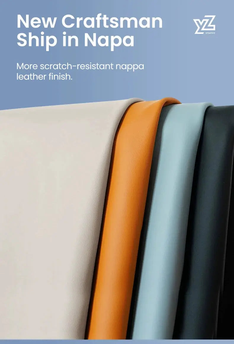 Five-color leather trunk-mat swatches for Simples Market YZ Juniper; beige, orange, light blue, navy and black.