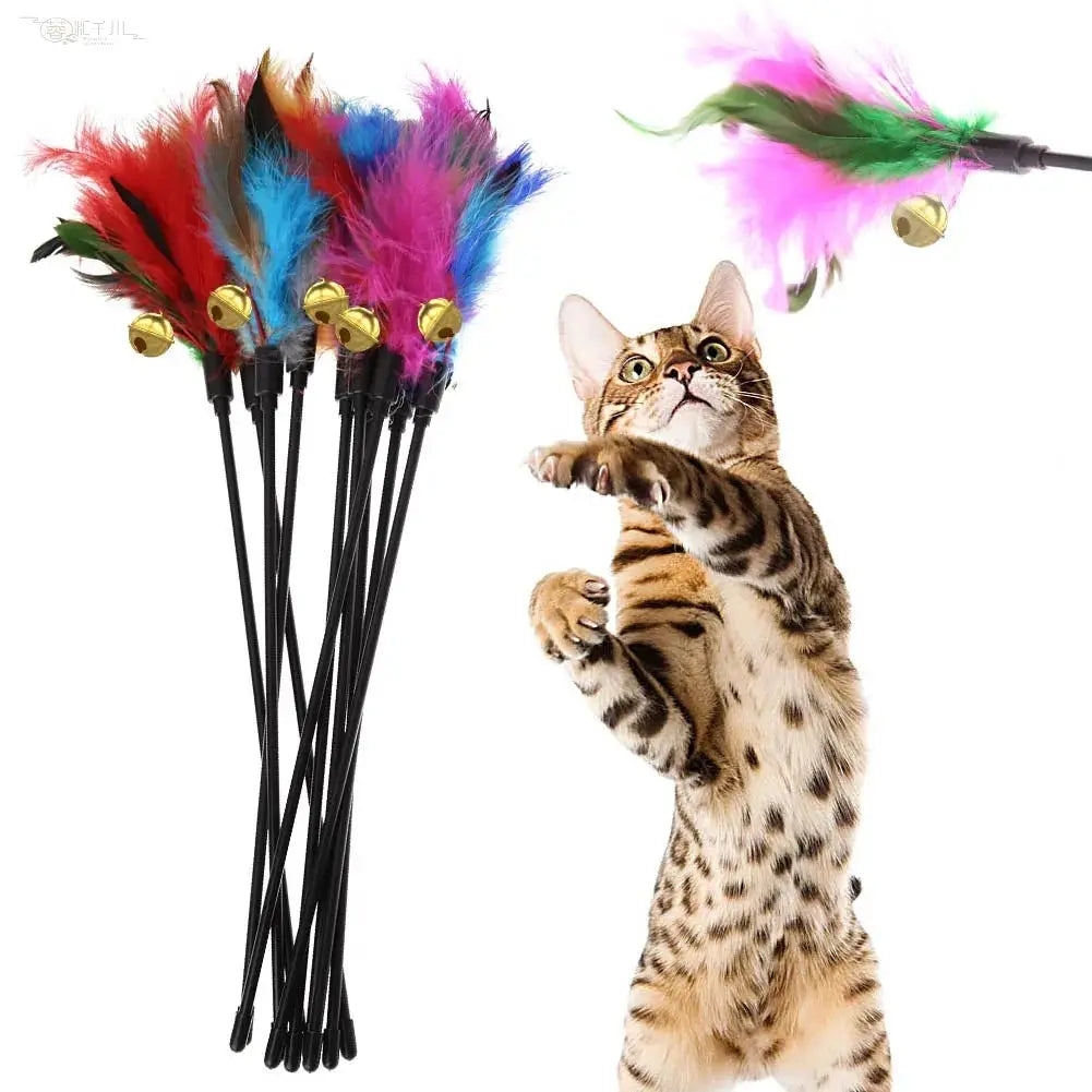 5 Piece Cat Interactive Wand Set With Colorful Feathers And Bell For Exercise And Bonding