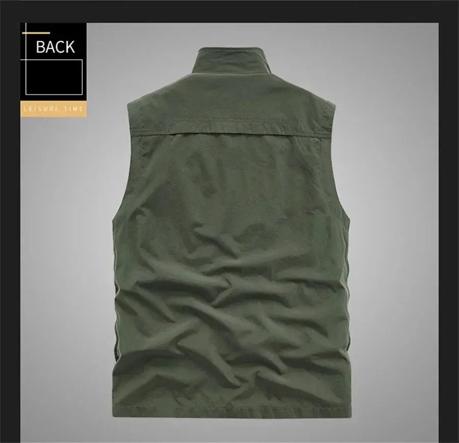 Sleeveless jacket vest in olive green, back view with outdoor cargo styling
