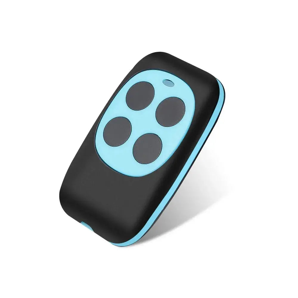Garage door remote control by Simples Market; black body with cyan panel and four-button layout