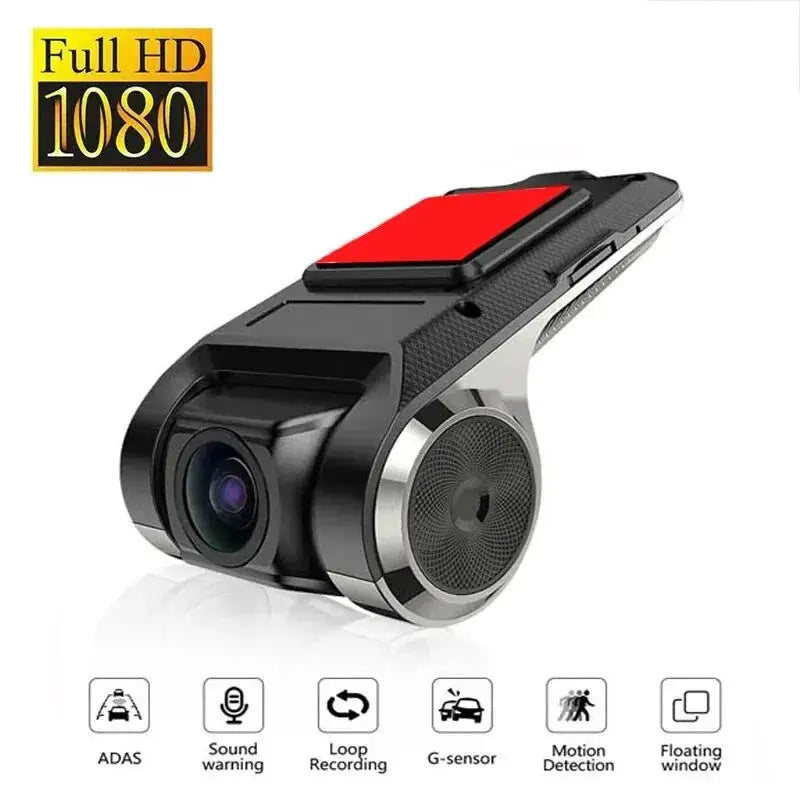 Car DVR dash cam with black body and red top panel, Full HD 1080p recording